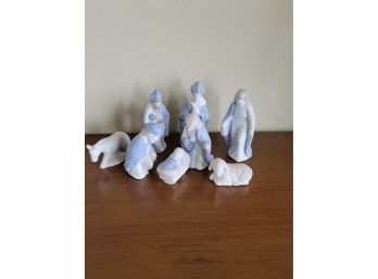 Mini Nativity In Blue And White Bisque 8 Pcs