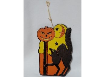 Vintage H E Luhrs Halloween Die Cut Black Cat W/ Jack O Lantern