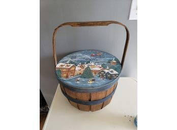 Painted Christmas Scene On Antique Basket