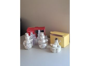 Lenox Snowman Box + 2 Silverplate Snowmen Candle Holders