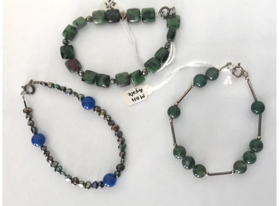 Vintage New Old Stock Ruby Zoisite/moss Agate And Rainbow Pearl Bracelets