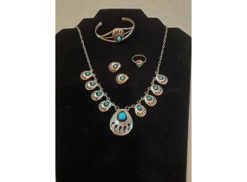 Navajo Bear Paw Turquoise And Sterling Set