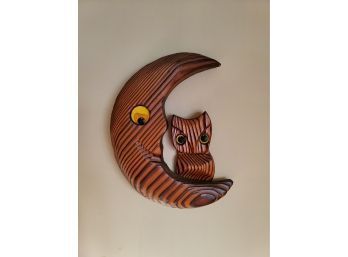 Owl On Crescent Moon Wood Wall Hanging