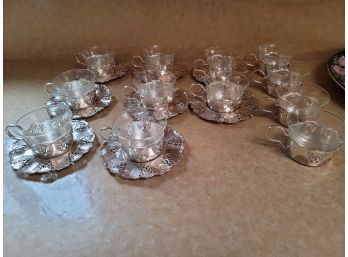 Glass Cup Inserts In Silver Holder - 11 Cuo & Saucer Sets