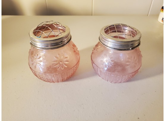 2 Pink Vases With Screw On Metal Frogs