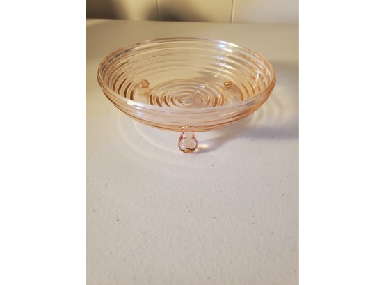 3 Footed Ribbed Pink Depression Bowl