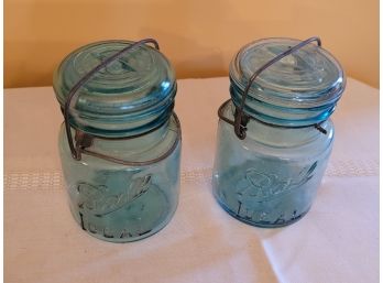 2 Small Blue Ball Ideal Jars With Lids