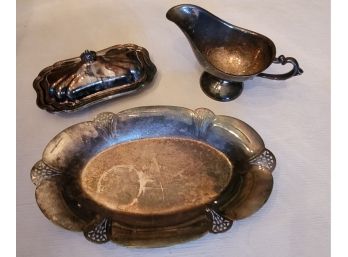 Silverplate Glass Lined Covered Butter, Gravy Boat And Tray
