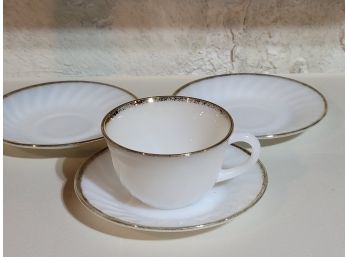 Fire King Swirl Cup & Saucers- Ivory/white- 3 Saucer, 1 Cup - Marked With Numbers