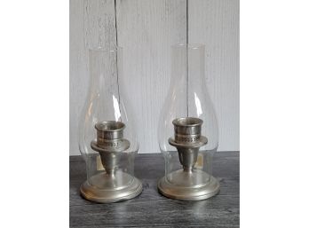 Pair Of Revere Pewter Taper Holders With Hurricane Globes