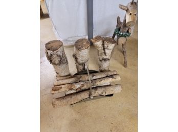 Birch Logs, Wood Holder And Log Reindeer