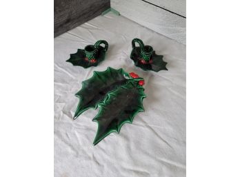 Holly Leaf Christmas Candle Holders And Dish