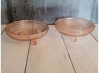 2 - 6.5' 3 Footed Pink Depression Manhattan Pattern Candy Dishes