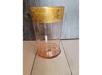 Pink Depression Glass Vase With Gold Trim - 8' High X 5' Opening