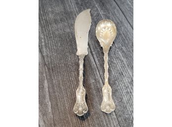 1800s Antique Whiting Sterling Silver Imperial Queen Pattern Preserve Spoon And Butter Knife