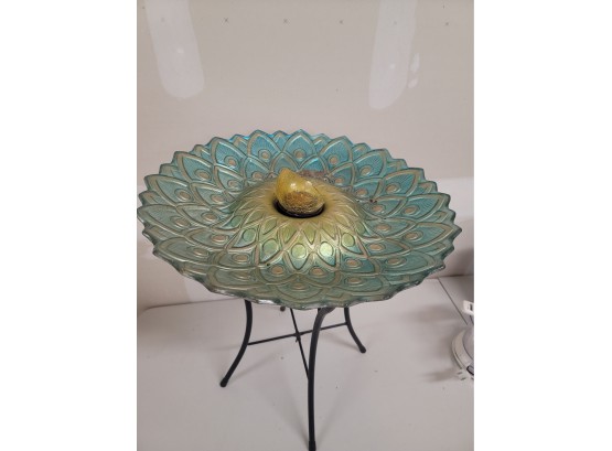 Peacock Feather Glass Top Bird Feeder With Folding Metal Base - Globe Is Broken