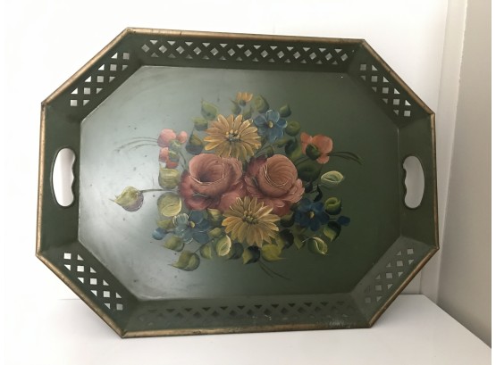 Vintage Metal Tray With Hand Painted Floral Design