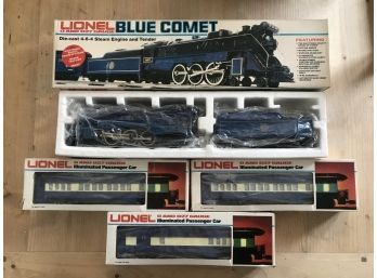 Lionel Blue Comet And (3) Illuminated Passenger Cars