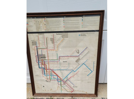 1974 NYC Subway Map Framed - Some Staining - 24x 28