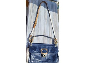 Blue & White Coach Bag With Colorful Striped Inside