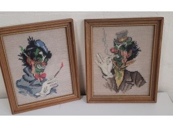 Pair Of Clown Pictures  - Needlepoint  - 9x11