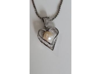 Sterling Heart And Pearl Drop On 16' Chain