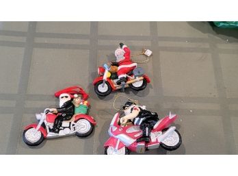 3 Santa On Motorcycle Ornaments