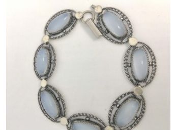 Vintage Sterling Cabochon Blue Opal Stone Bracelet -J