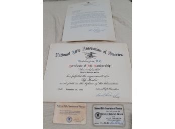 1964 National Rifle Association Life Member Certificate, Letter And Cards