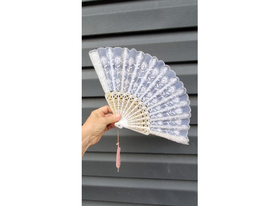 Gold And White Hand Fan - Plastic And Cloth