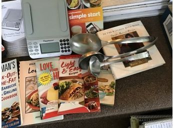 Weight Watchers Electronic Food Scale, WW Measuring Ladles And Assortment Of Weight Conscious Cookbooks
