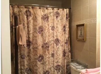 Fabric Shower Curtain With Liner And Hooks, Shower Caddy,metal Organizer, Framed Picture