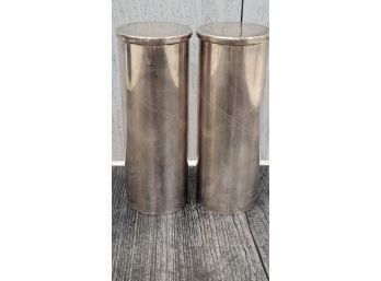 2 Silver Canisters W/Lids- No Marks - Golf Or Field Hockey - P  On Side - 5.5' Tall X 2' Wide