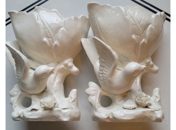 Pair Of Ardalt White Ceramic Bird Vases/planters - 5' Tall