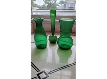 3 Forest Green Depression Glass Vases