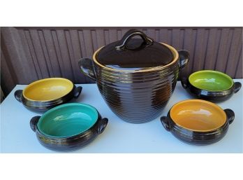 Covered Bean Pot And 4 Bowls