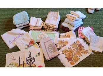 Lot Of Pot Holders, Hand Towels And Dish Towels,  Many Vintage Some Used Well