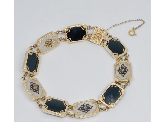 Rare 14k Yellow Gold Black Onyx And Camphor Glass Bracelet -J