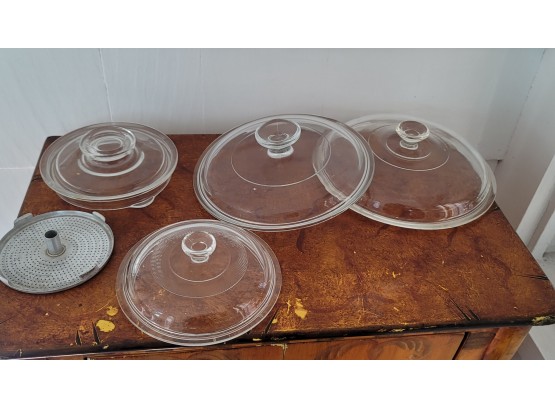 Assorted Lids And Pyrex Lid And Basket Part