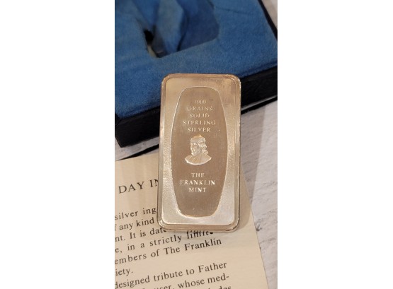 Solid Sterling Silver 1,000 Grain Ingot - Franklin Mint- Father's Day 1971