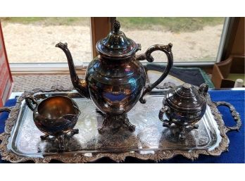 Silver Plated Tray And Tea Set - Sugar Top Missing Handle