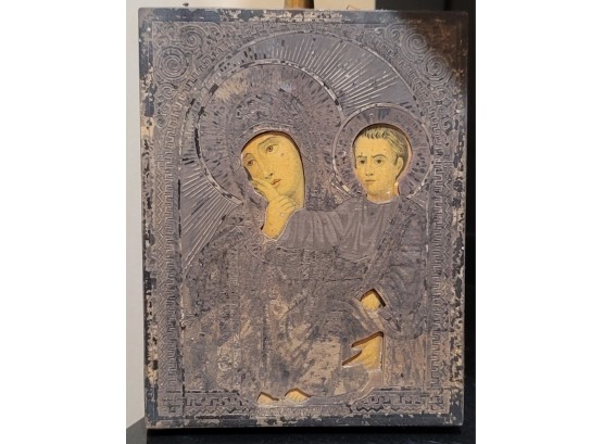 19th Century  Greek Orthodox Religious Painting On Wood Covered In Silver