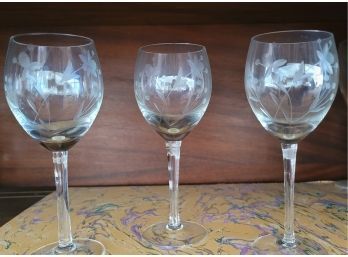 3 Etched Wine Glasses