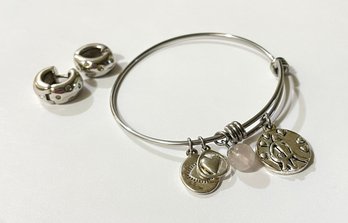 Silver Tone Charm Bracelet With Pair Of Hoop Earrings