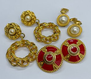 Gold Tone Earrings, One With Lovely Red Accents