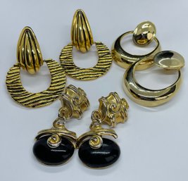 Large Gold Tone Earrings With Black Accents