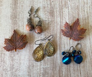 Three Pairs Of Small Beaded Earrings And Two Leaf Pins