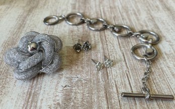 Silver Tone Brooch With Bracelet And Two Flower Stud Earrings