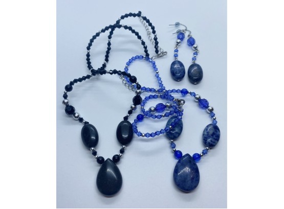 Darling Beaded Necklace, Blue And Black, With Single Pair Of Blue Earrings