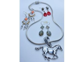 Large Horse Pendant Necklace Plus (3) Pairs Of Earrings